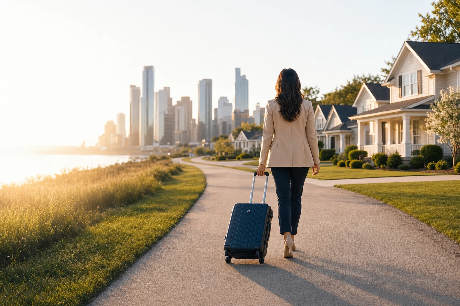 A professional arriving with a suitcase along a path connecting a city skyline and a welcoming neighborhood